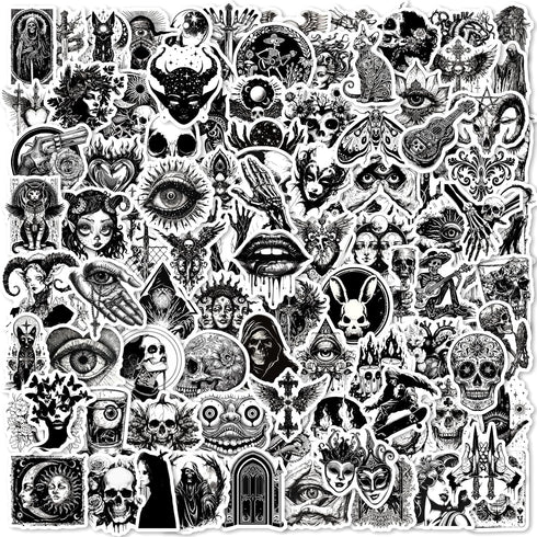 100PCS Cool Gothic Stickers Waterproof Punk Sticker for Water Bottle, Phone Case, Laptop, Black and White Stickers, Horror Vinyl Graffiti Decals E...