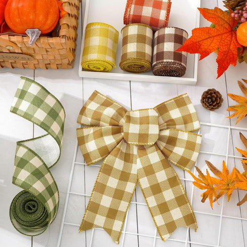 Fall Plaids Wired Edge Ribbon 30 Yards Gingham Patterned Ribbon Autumn Color Buffalo Plaids Fabric Craft Ribbon for Thanksgiving Wreath Bow Making...