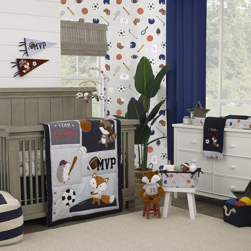 NoJo Team All Star Light Blue, Grey, & Orange, MVP Fox & Raccoon Sports Theme with White Stars Photo Op 100% Cotton Fitted Crib Sheet, Light Blue,...