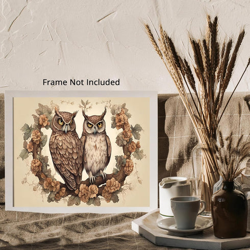 Posterizer 1 pcs- Two owls sitting on a tree with wild flowers-Art for Animal Lovers-Floral Botanical Art- Gift for Men Women Teens-Decor for Hom...