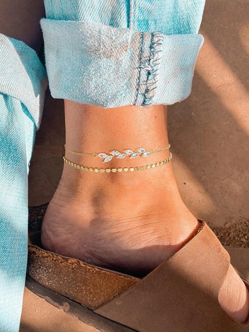 Foxgirl Gold Ankle Bracelets for Women,14k Gold Plated/Silver Anklets for Women Waterproof Layered CZ Leaf Beaded Cuban Chain Anklets Set Summer B...