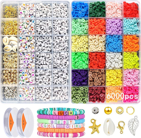 Wergund 6000 pcs Clay Beads for Bracelets Making Kit, 915 Letter Beads, 24 Color 6mm Flat Clay Beads, Jump Rings and Elastic String Pendant - for ...