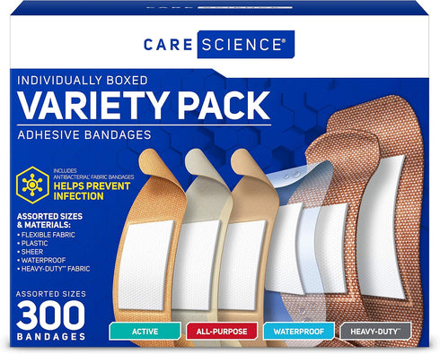 Care Science Variety Bandages Pack, 300 ct Bulk Assorted Sizes | Includes Active, All-Purpose, Waterproof, Heavy-Duty | Breathable Protection for ...