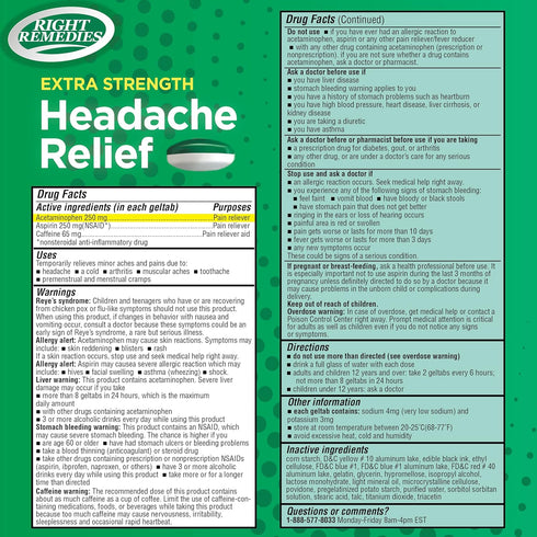 Extra Strength Headache Relief Geltabs with Acetaminophen, Aspirin (NSAID) & Caffeine, Value Pack (200 Geltabs), Muscle Aches, Back & Body Pain Re...