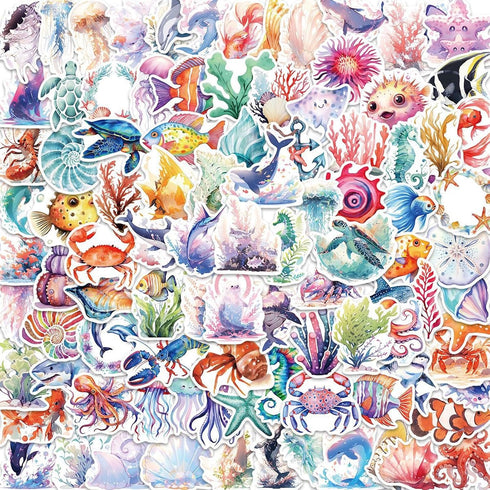 100PCS Ocean Stickers, Cute Sea Creature Aesthetic Decals Vinyl Waterproof Stickers for Water Bottle Laptop Luggage Helmet Skateboard Snowboard Gu...