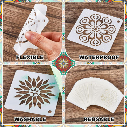 80 Pieces 3 x 3 Inch Mandala Reusable Plastic Art Craft Kits for DIY Painting Art Projects Wood Wall Floor Fabric Furniture Tile Holiday Stencils ...