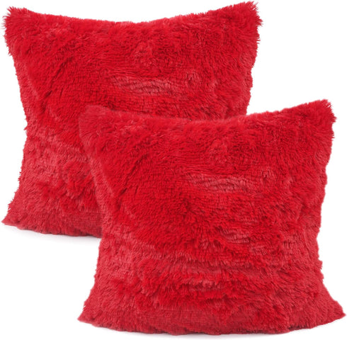 YOUR SMILE Pack of 2, Christmas Decorative New Luxury Series Merino Style Faux Fur Throw Pillow Case Cushion Cover 18" x 18"(Red)...