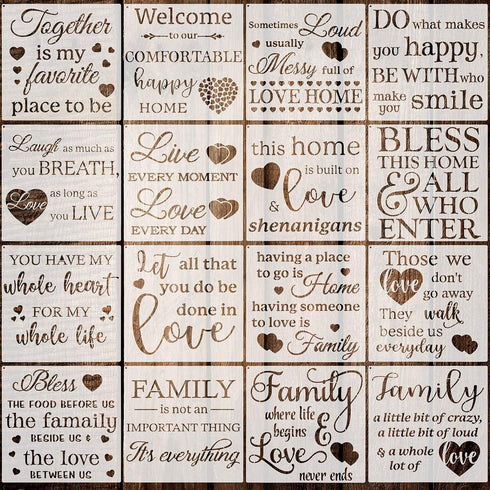 16 Pieces Inspirational Word Stencils Family Sign Stencils Reusable Stencils Love Home Template with Metal Open Ring for Painting on Wood, Porch, ...