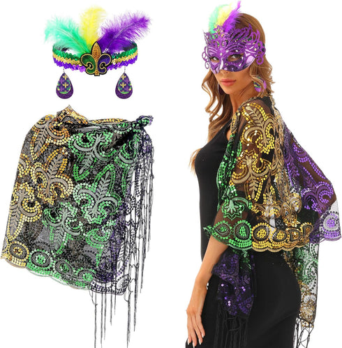 QLINLEAF Mardi Gras Shawl Scarf Sequin Mardi Gras Outfit for Women with Headband and Earrings Canival Party Favor...