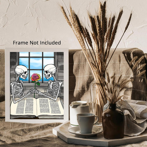 Posterizer 1 pcs-romantic skeletons sharing a flower and reading books 2-Gothic Art-Romantic Art-Living Room Bedroom Decor- unframed wall art...