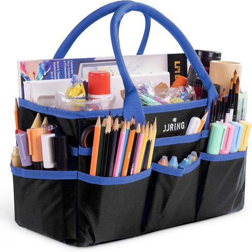 JJRING Craft and Art Organizer Tote Bag - 600D Blue Nylon Fabric Art Caddy with Pockets - for Art, Craft, Sewing, Medical, and Office Supplies Sto...
