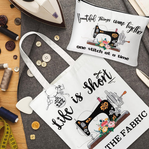 3Pcs Sewing Tote Bag Canvas Bag with Keychain, Funny Quilting Sewing Gifts for Seamstress Women Sewing Lovers Mom, Sewing Cosmetic Bag Organizer M...