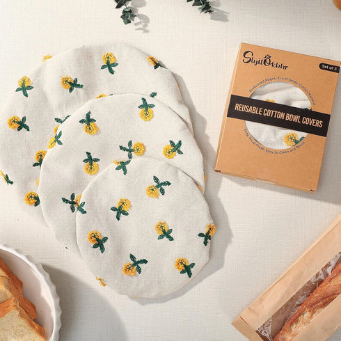 Reusable Bowl Covers for Bread Proofing Baking Embroidered Daisy Linen Cotton Cloth Fabric Washable with Elastic Cover for Food Fruit Salad Eco-fr...