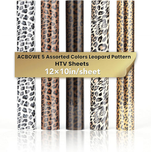5pcs/Set Leopard Patterned Heat Transfer Vinyl, Stretchable 12" x 10" Cheetah Print HTV Vinyl Sheets for T-Shirt Decoration and DIY Craft Material...