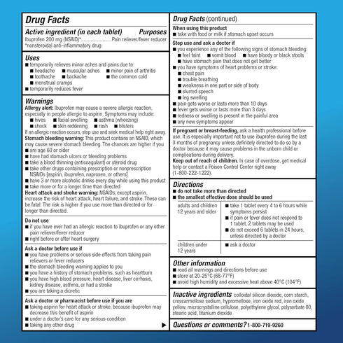 Amazon Basic Care Ibuprofen Tablets, 200 mg, Pain Reliever and Fever Reducer, For Headache, Muscular Aches, Arthritis, Backache and More, 100 Coun...
