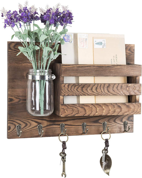 MyGift Wall-Mounted Burnt Wood Mail Holder Organizer with 6 Key Hooks & Mason Jar...