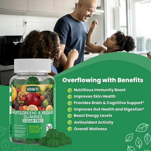 Sugar-Free Fruit and Veggie Gummies — 35+ Greens, Fruit and Vegetable Vitamins to Boost Immunity, Skin & Gut Health — Ideal Fruit and Vegetable Su...