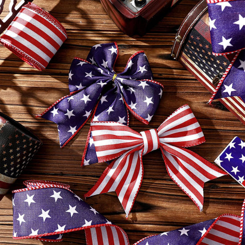 XunYee 3 Rolls Patriotic Ribbons American Flag Double Sided Star Striped Wired Ribbon Red Blue White Ribbons for Memorial Day 4th of July Independ...