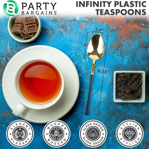 Party Bargains Disposable Plastic Navy Gold Teaspoons, Infinity Modern Design Utensils, 40 Pack...