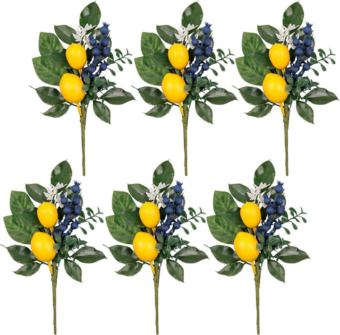 Valery Madelyn 6 Packs Spring Summer Picks with Lemons Blueberry Eucalyptus Leaves, Artificial Fruit Lemon Picks with Greenry, Summer Lemon Branch...