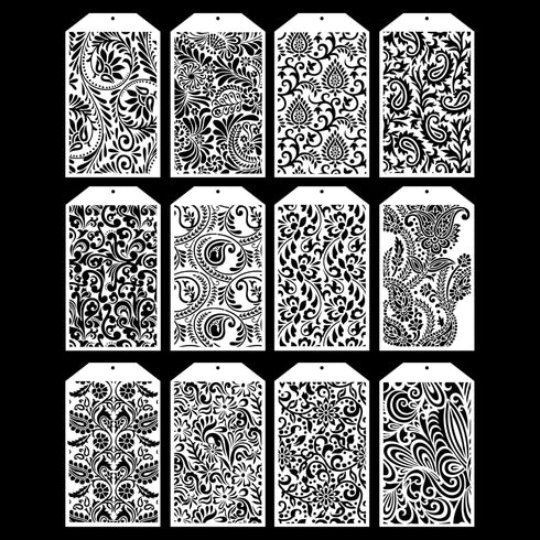 Paisley Element Stencils for Painting - 12 Pcs PET Paisley Peacock Feathers Border Pattern Reusable Stencils Templates for Painting on DIY Wood Ca...