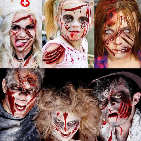 VANTATY 215+ PCS 30 Sheets 3D Fake Scars Tattoo Temporary Halloween Makeup Kit, Fake Stitches Tattoos Cut Scary Face Wound Blood Chucky Scars Tato...