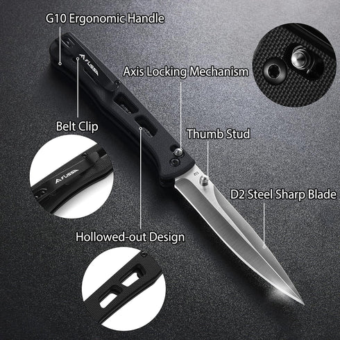 FLISSA Folding Pocket Knife, 4-inch EDC Knife with G10 Handle, D2 Steel Blade, Belt Clip, Thumb Stud and Axis Lock, Tactical Knives for Men Women,...