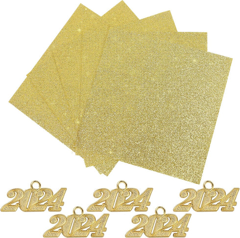 TKNOUS 10Pcs DIY Grad Cap Decorations - Gold Glitter Heavyweight Premium Construction Paper with Gold 2024 Graduation Charm for Graduation Cap Tas...