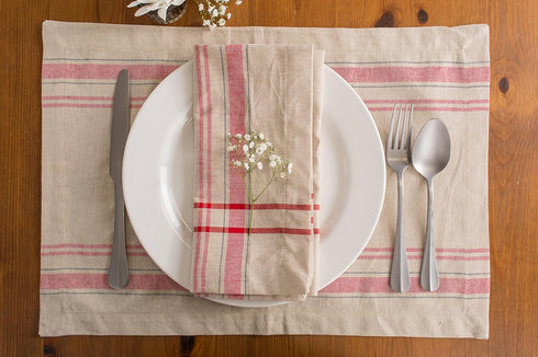 DII French Stripe Tabletop Collection Farmhouse Style Dining Table Linen Napkin Set, 20x20, Taupe/Red, 6 Piece...