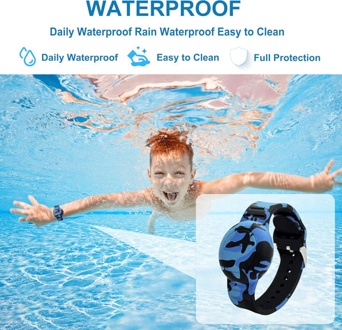 Waterproof AirTag Bracelet for Kids, Soft Silicone Air Tag Hidden Holder Case Compatible with Apple Airtag, Adjustable Anti-Lost Printed Strap GPS...