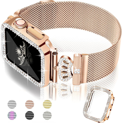 Magnetic Band with Bling Case Women Compatible with Apple Watch 45mm Crown Stainless Steel Strap Dressy Milanese Loop Protective Cover for iWatch ...