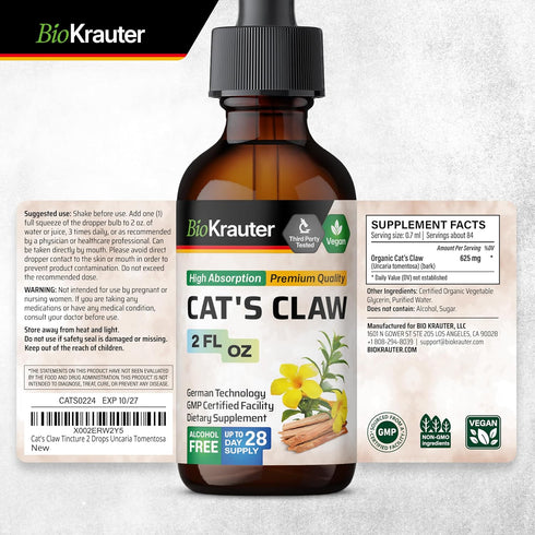 Cats Claw Herbal Supplement - Organic Cats Claw Tincture - Liquid Extract for Immune Support - Alcohol & Sugar Free - Vegan Drops 2 Fl.Oz....
