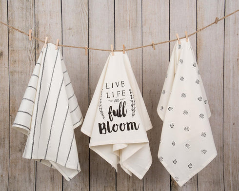 Sticky Toffee Cotton Flour Sack Kitchen Towels 3-Pack – Live Life Stripe and Floral Print Towels, 28x29 in, Soft and Absorbent for Drying or Clean...