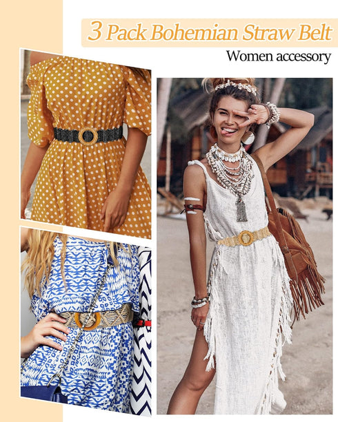 Hercicy 3 Pcs Rattan Straw Woven Belt Bohemian Waist Rope Braid Belts for Women, Trendy Boho Ladies Skinny Dress Belt Multicolor...