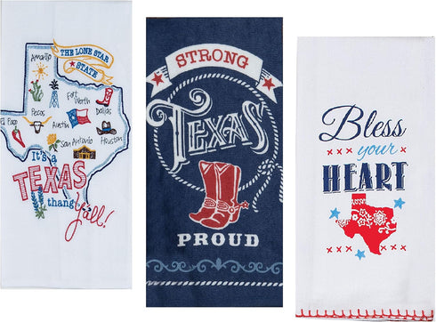 3 Texas Themed Decorative Cotton Kitchen Towels Set with White, Blue and Red Print | 2 Flour Sack and 1 Terry Towel for Dish and Hand Drying | By ...