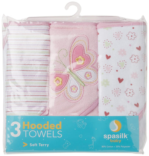 Spasilk Baby 3 Pack Soft Terry Hooded Towel Set for Newborn Boys and Girls, 26x30 Inch, Pink Butterfly, (301-007)...