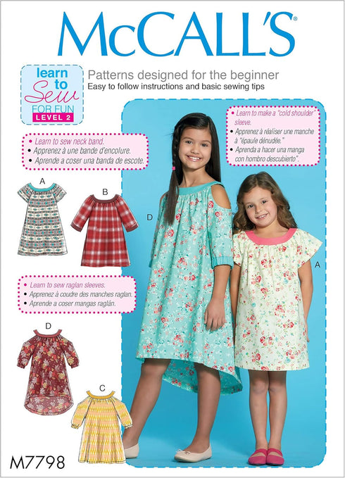 McCall Pattern Company McCall's M7798 Learn Girl's Cold Shoulder and Raglan Sleeve Dress Sewing Patterns, Sizes 7-14, 7-8-10-12-14, White...