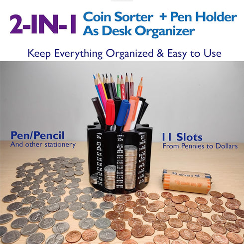 Coin Sorter Pen Holder Change Counter Pencil Holder as Desk Organizer, Coin Counter Machine Change holder Store 540pcs, Coin Organizer Coin Wrappe...