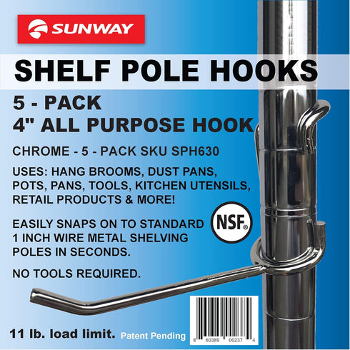 Shelf Pole Hooks | 5-Pack 4" All-Purpose Hooks | Chrome | Heavy-Duty Snap-On for 1" Metro, Wire, or Metal Shelving | Ideal for Garage, Kitchen & W...