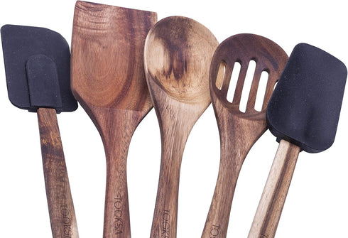 TOOKSA- Premium 5 Piece Acacia Multi-Toned Light and Dark Wooden Spoon, Turner and Spatula Utensil Set with Silicone, Rubber, Non-Slip Handles (Bl...