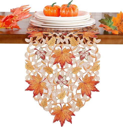 GRANDDECO Thanksgiving Harvest Table Runner Embroidered Cutwork Maple Leaves Dresser Scarf Table Cover Autumn Or Fall Decorations (Table Runner 13...