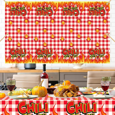 3Pcs Chili Cook Off Tablecloth Party Decorations,87x51In Plastic Chili Tablecloths Table Covers for Mexican Chili Buffet Baby Shower Party Holiday...