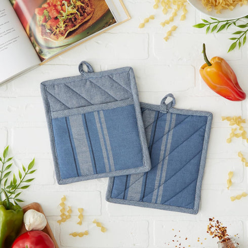 DII French Stripe, Kitchen Collection, Potholders, Chambray Blue, 2 Count...