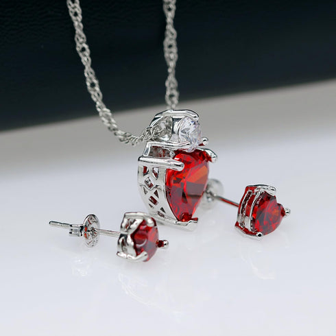 Uloveido Red Crystal Heart Necklace and Earrings Wedding Jewelry Set for Women BME53...