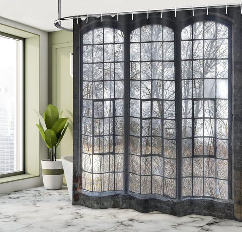 Ambesonne Industrial Shower Curtain, Old Large Window with Broken Panes Deserted Hall Forest Trees Winter, Cloth Fabric Bathroom Decor Set with Ho...
