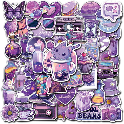 50 Pcs Kawaii Stickers for Kids Teens Girls Decoration Water Bottles Laptop Suitcases Bag Tablets Cute Vsco Aesthetic Vinyl Waterproof Purple Stic...