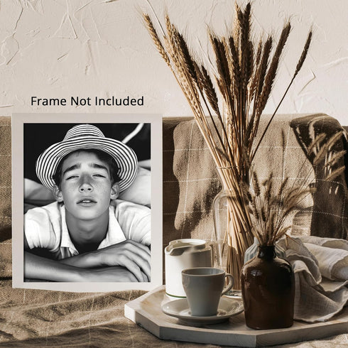 Posterizer 1 pcs-black and white photo of young man with beach hat 1-Retro Art-Photography Art-Living Room Bedroom Decor- unframed wall art...