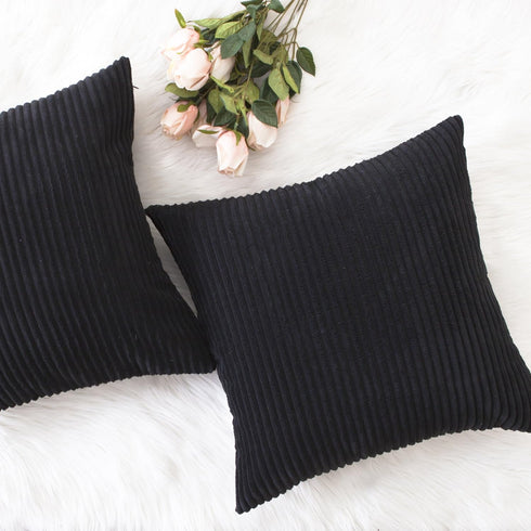 Home Brilliant Striped Corduroy Pillow Covers for Bed Set of 2 Supersoft Velvet Square Fall Decorative Pillow Cases, 18 x 18 inch, Black...