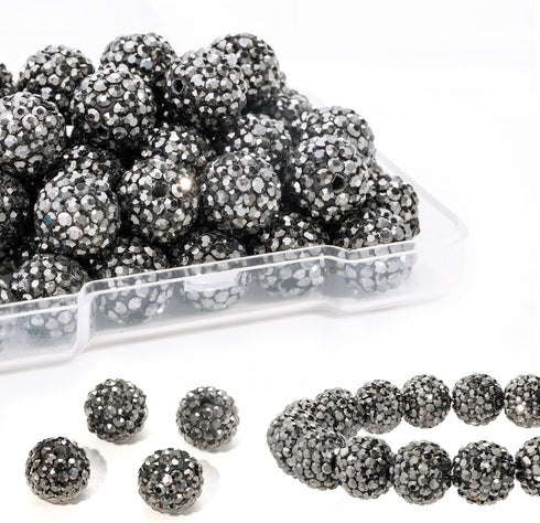 30 Pcs Rhinestone Beads for Jewelry Making, 10mm Round Black Bling Disco Ball Beads, Rhinestone Clay Beads for Crafting, Pens & Bling Baseball Bra...