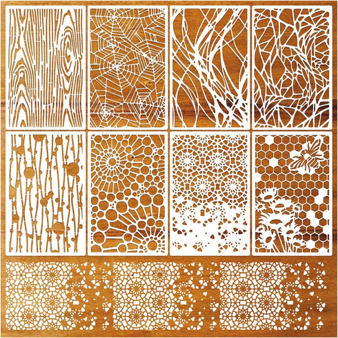 8 Pieces Stencils for Crafts Reusable Texture Spider Stencils Net Wood Grain Stone Spray Paint Layering Stencil Templates for DIY Scrapbook...